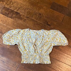 Yellow and Blue Floral Blouse with Puff Sleeves